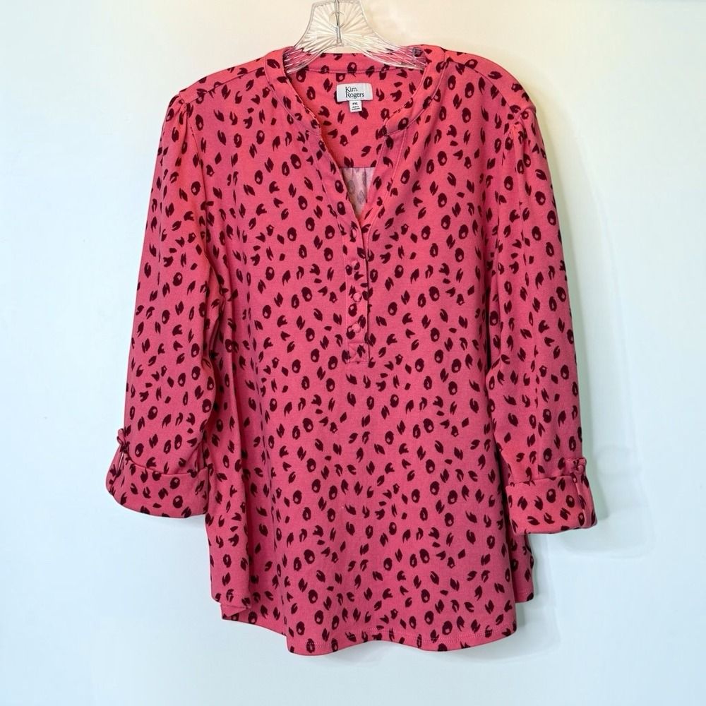 Kim Rogers Animal Print Pink Knit V-Neck 3/4 Sleevve Shirt Womens PXL
